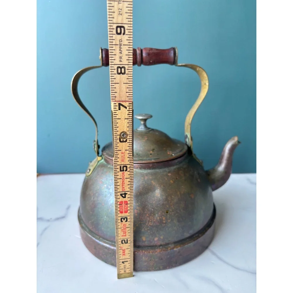 Vintage Copper Tea Kettle Vintage Brass Handle Wood Grip Primitive Rustic Decor